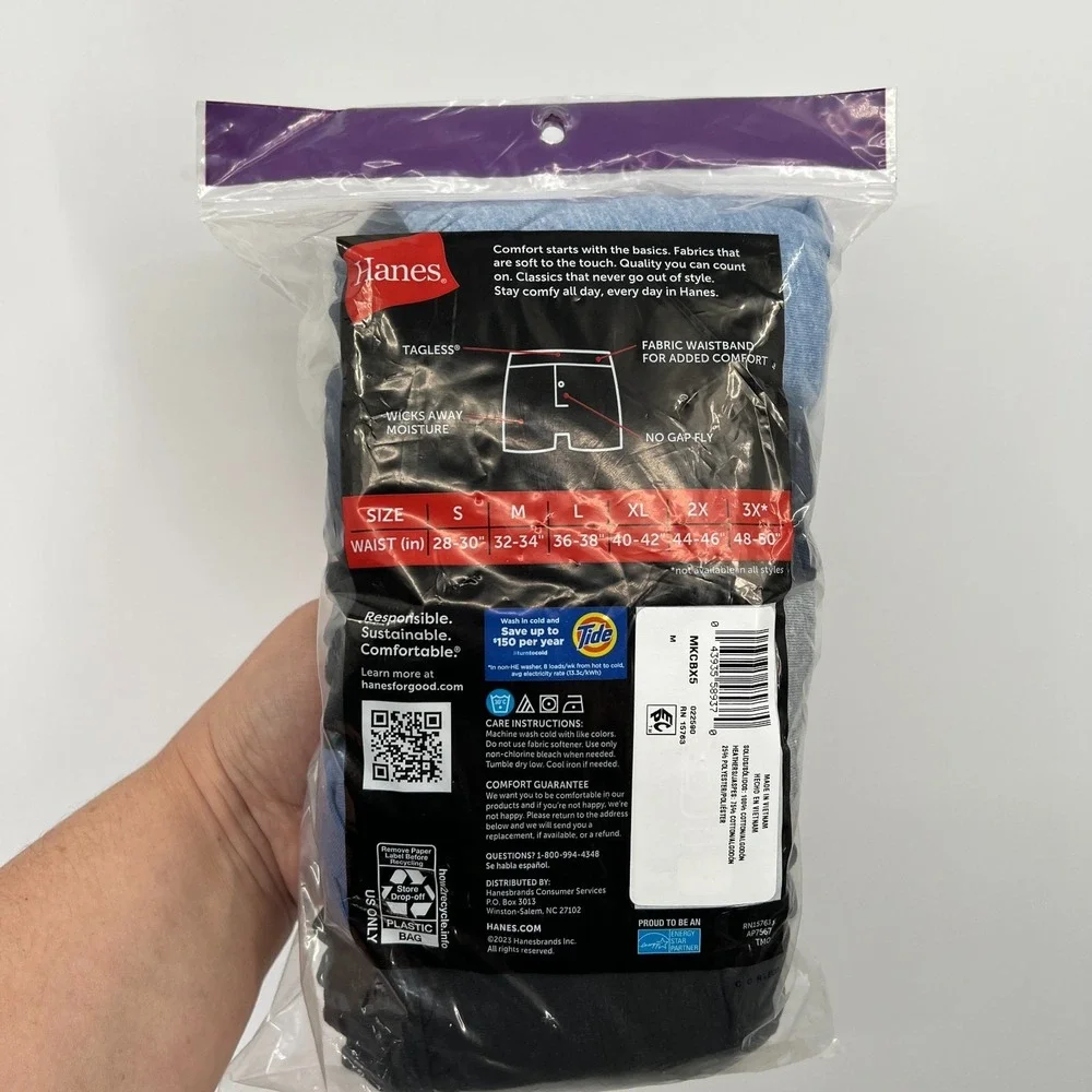 Hanes Tagless Boxers soft breathable wicking cool comfort M 5 value pack